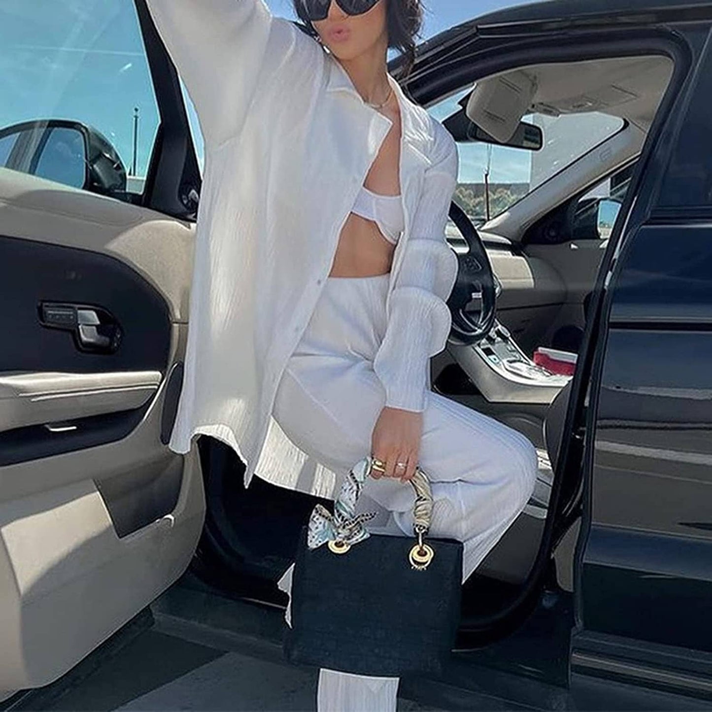 Women's Casual Long Sleeve Button Blouse Top Wide Leg Loose Streetwear Loungewear
